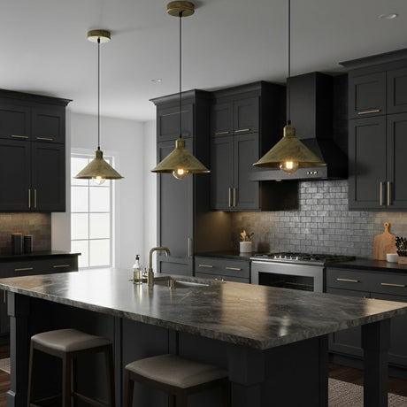 Modern kitchen with dark cabinets, marble island, and pendant lights.