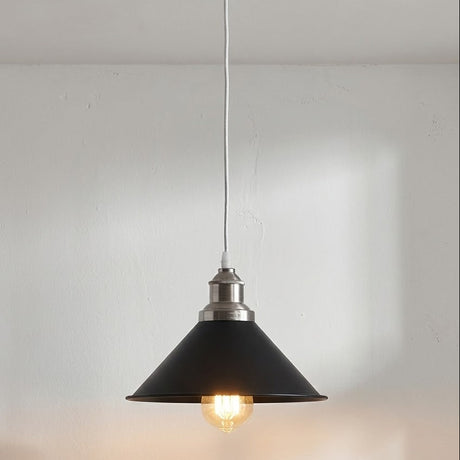 Pendant light with black shade and silver fixture on a plain background