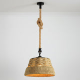 Pendant light with rope design hanging against a white background