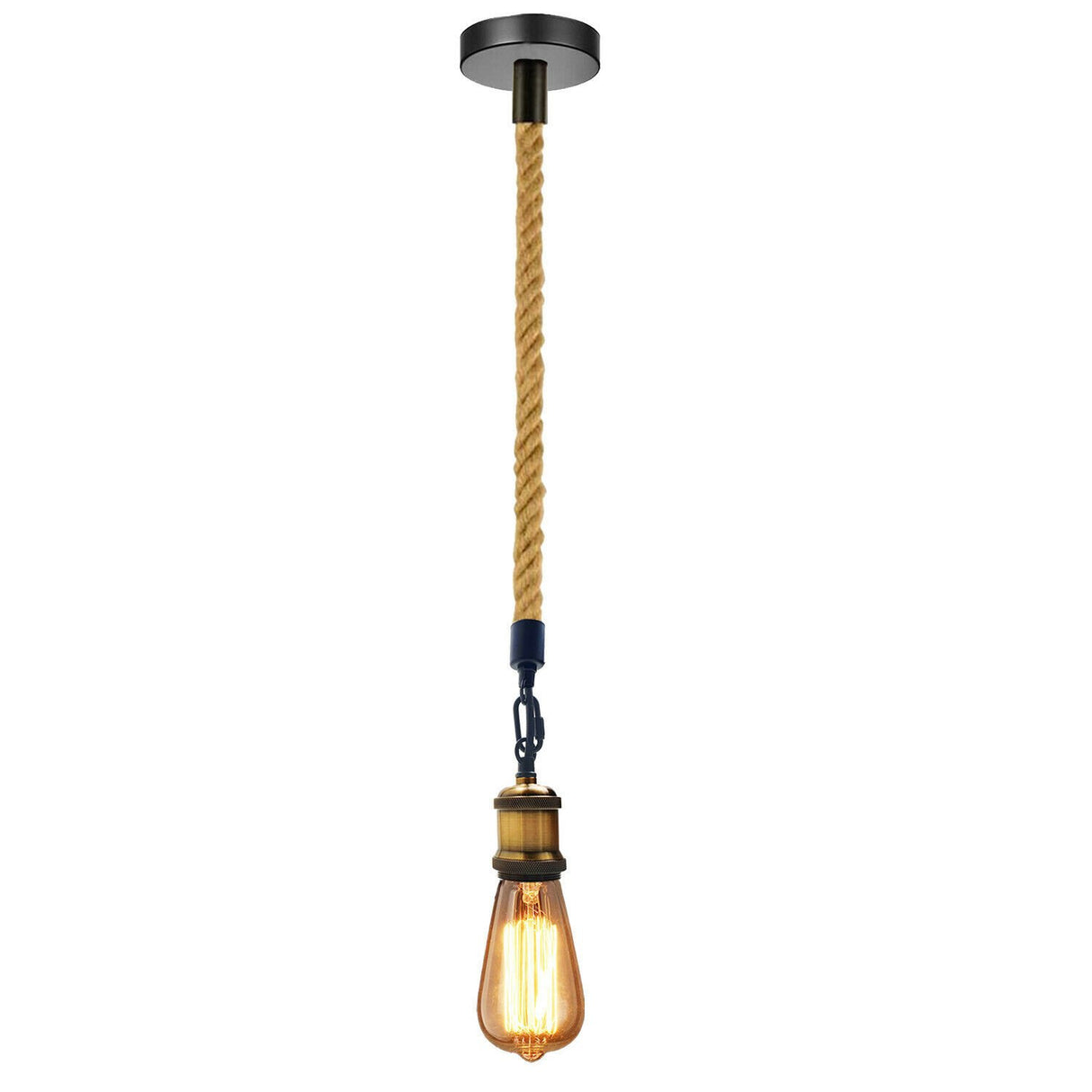 Vintage-style pendant light with a braided rope and exposed bulb on a white background
