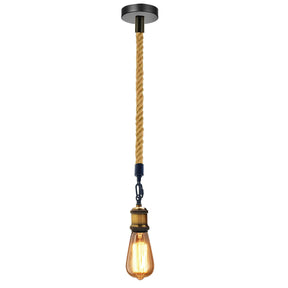 Vintage-style pendant light with a braided rope and exposed bulb on a white background