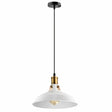 Pendant light with white shade and gold accents on a white background