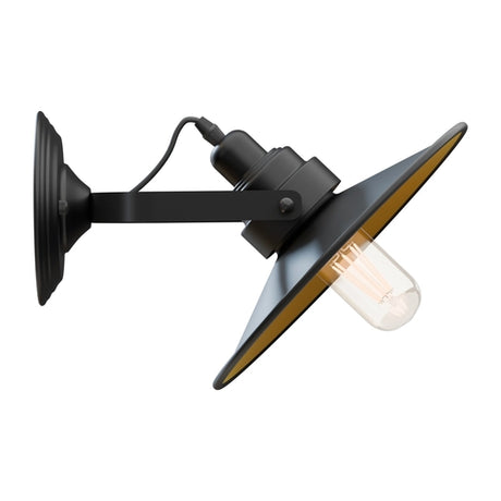 Wall-mounted industrial-style light fixture with a visible bulb on a white background