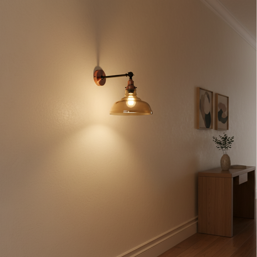 Wall-mounted lamp with a warm glow in a room setting.