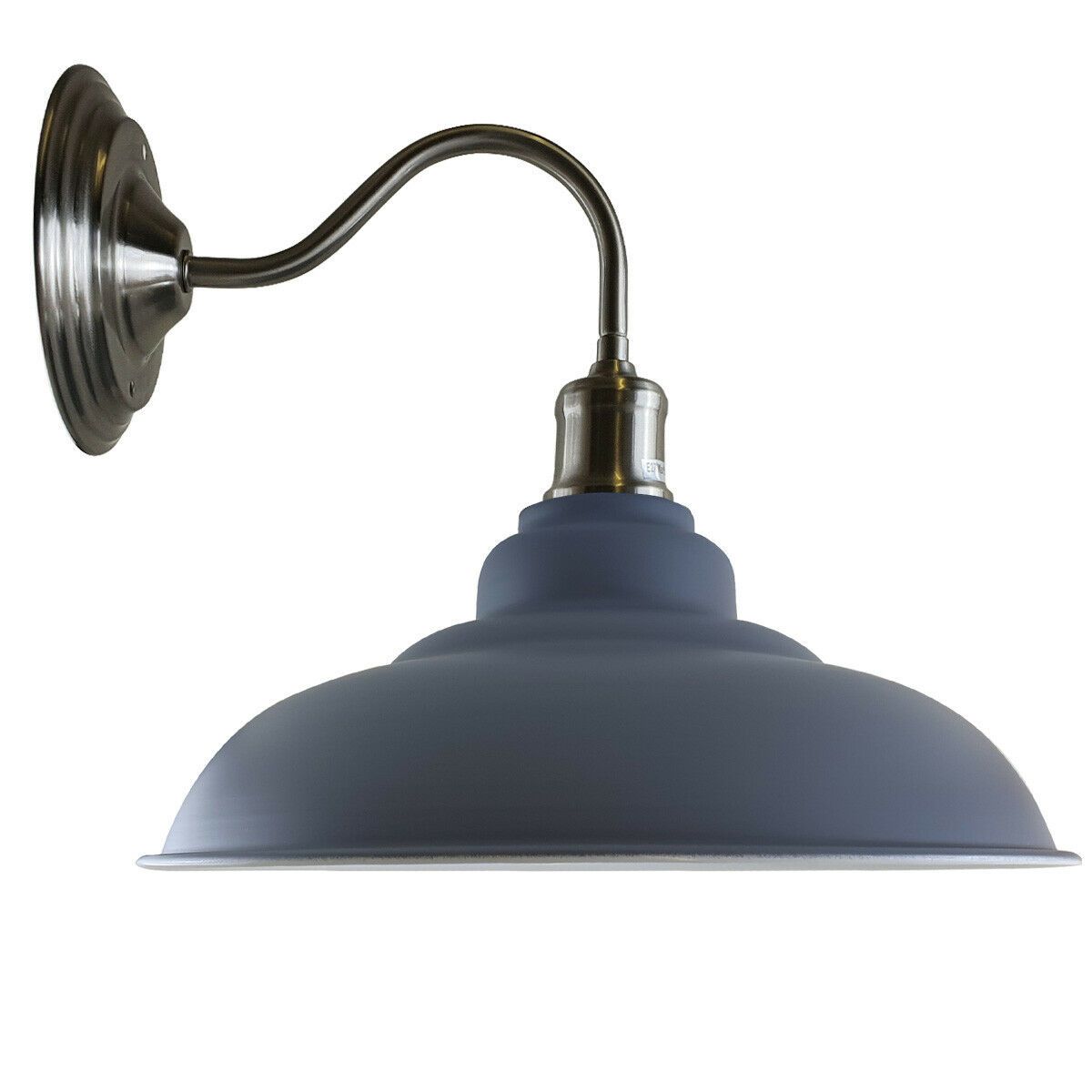 Wall-mounted lamp with blue shade and silver arm on a white background