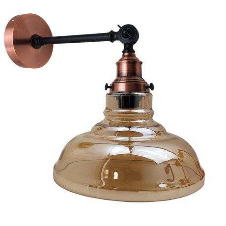 Wall-mounted lamp with copper finish and glass shade on a white background