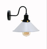 Wall-mounted lamp with white shade and black arm on a white background