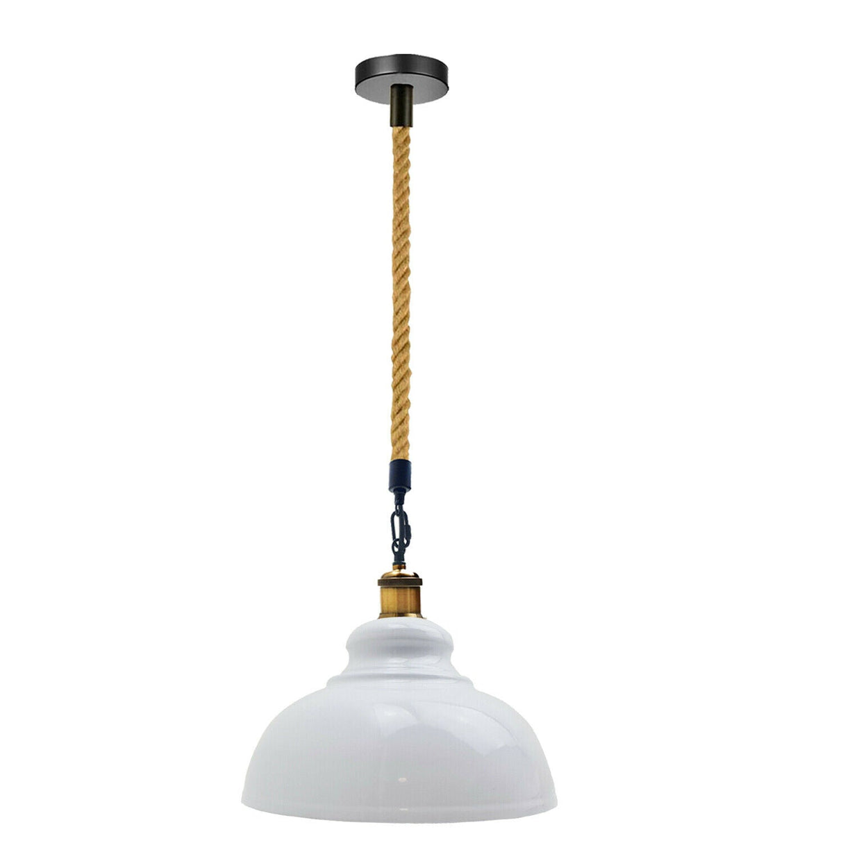 White pendant light with a twisted hemp cable on a white background