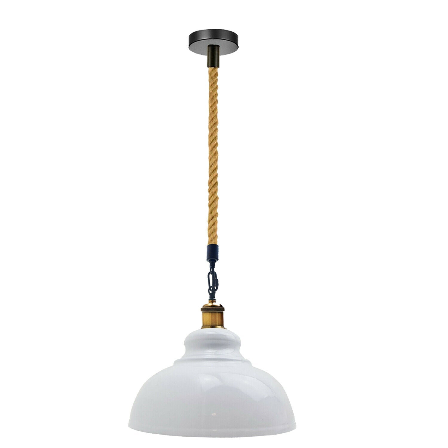 White pendant light with a twisted hemp cable on a white background