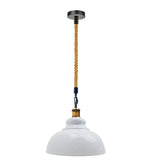 White pendant light with a twisted hemp cable on a white background
