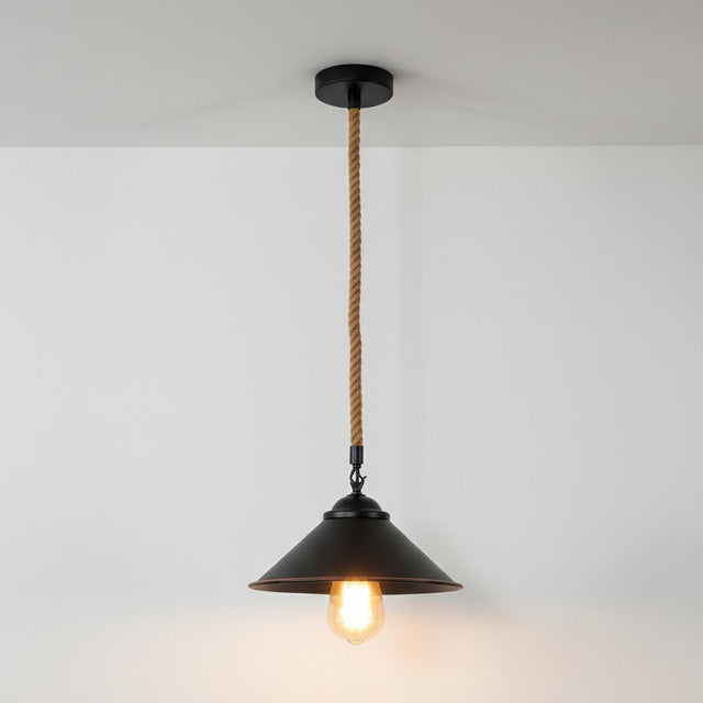 Pendant light with a black shade and rope cord on a white background