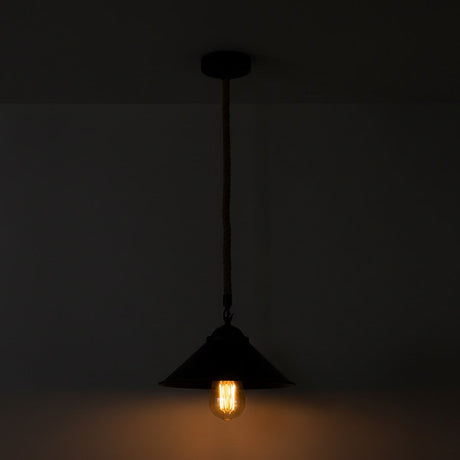 Black pendant light with a lit bulb against a dark background