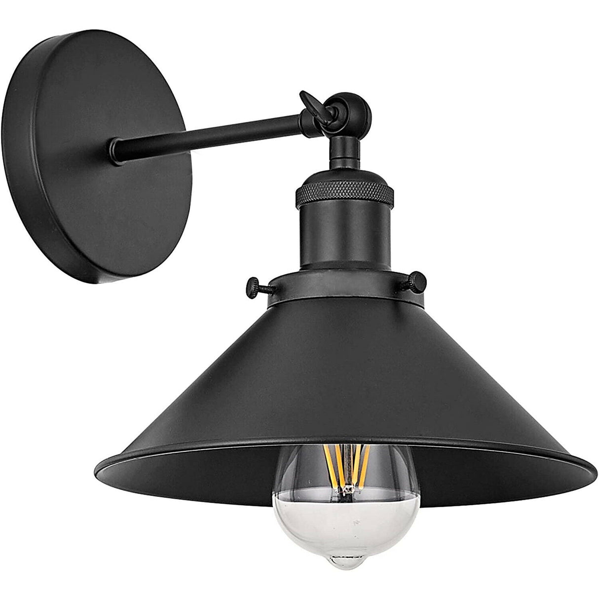 Black wall-mounted lamp with a visible light bulb on a white background