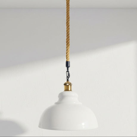 White pendant light with gold accents on a plain background